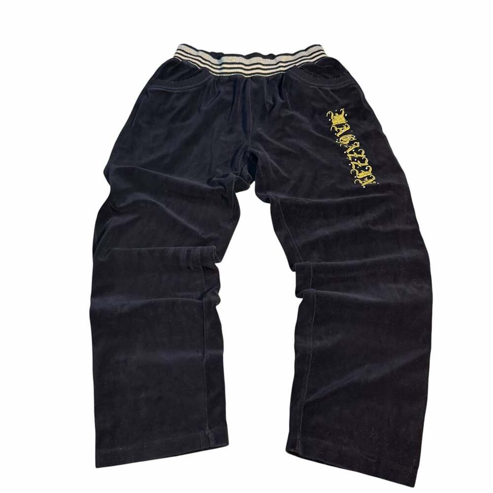 Okaler Velour Sweatpants Size XL Black Metallic Striped Waistband